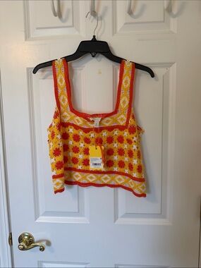 Chelsea & Violet Yellow and Red Crochet Square-Neck Crop Top Medium M NWT